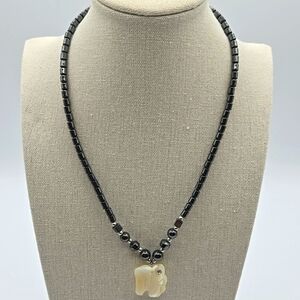 Hematite Necklace Elephant Cream Color Stone with Rhinestone